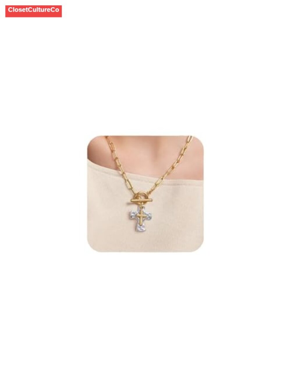 Chunky Hammered Cross Necklace Two-Tone Mixed Metal Pendant 18-20 in